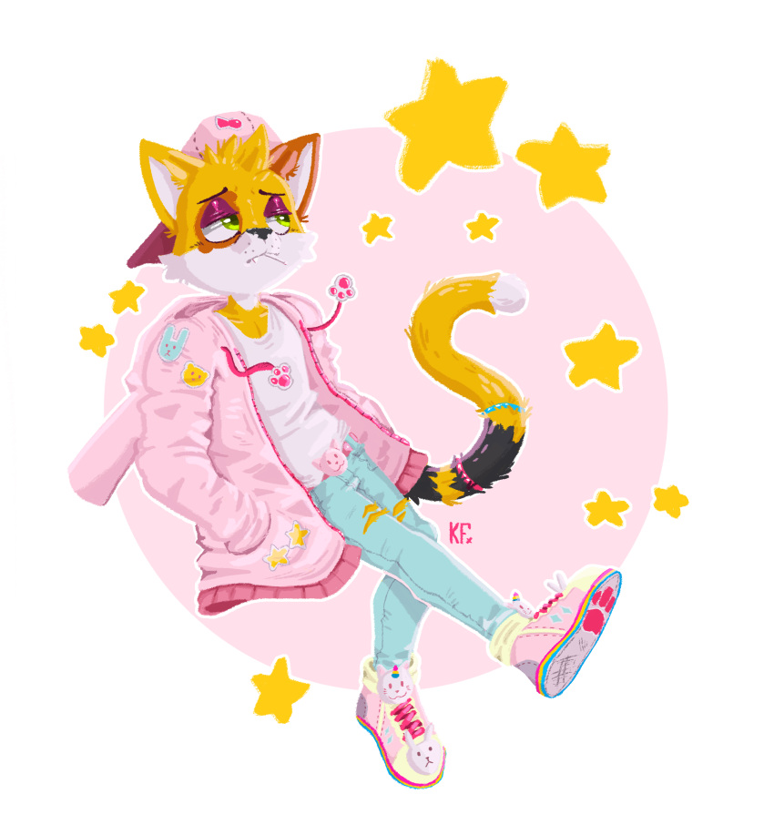 absurd_res anthro candy clothing dessert domestic_cat fashion felid feline felis food footwear girly hi_res katxfish katxlogan male mammal pink_clothing pink_sneakers popsicle shirt shoes sneakers solo star tank_top topwear walking