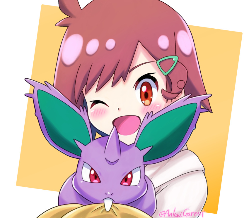 1girl animal anlew_garnet blossom_(pokemon) blush commentary_request hair_ornament hat highres looking_at_viewer medium_hair nidoran nidoran_(male) one_eye_closed open_mouth pokemon pokemon_(anime) pokemon_(creature) poketoon single_tooth tooth watermark