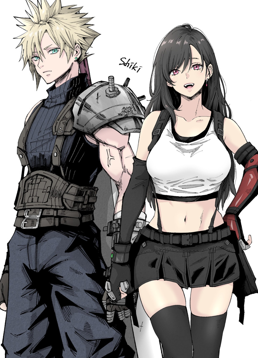 1boy 1girl anger_vein armor baggy_pants bare_shoulders black_gloves black_hair black_skirt black_thighhighs blonde_hair blue_eyes breasts buster_sword cloud_strife cowboy_shot crop_top earrings final_fantasy final_fantasy_vii final_fantasy_vii_rebirth final_fantasy_vii_remake fingerless_gloves gloves hand_on_own_hip highres jewelry lakugali_shiki large_breasts long_hair looking_at_viewer materia midriff navel open_mouth pants red_eyes short_hair shoulder_armor single_arm_guard single_bare_shoulder single_earring skirt sleeveless sleeveless_turtleneck spiked_hair standing suspender_skirt suspenders sweater swept_bangs sword sword_on_back tank_top thighhighs tifa_lockhart turtleneck turtleneck_sweater weapon weapon_on_back white_background white_tank_top zettai_ryouiki