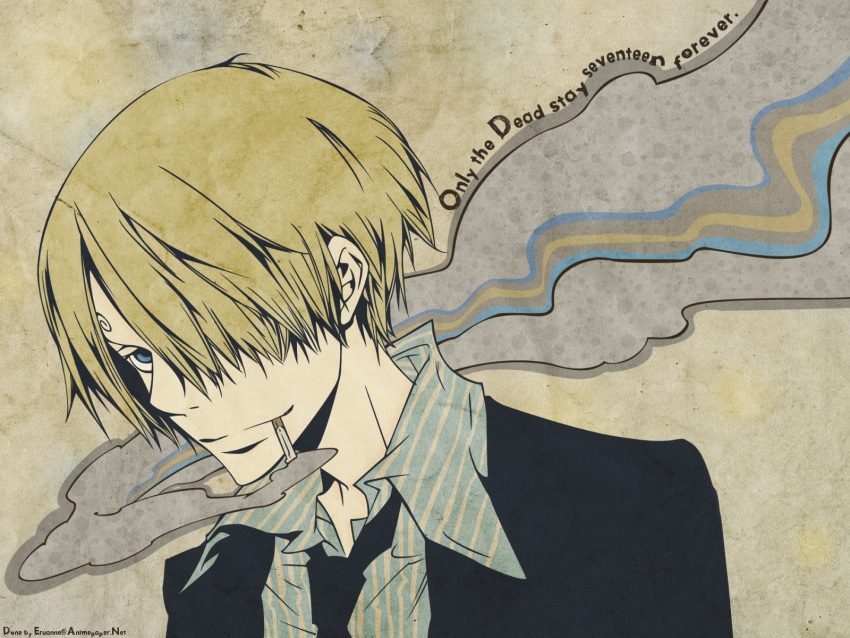 1boy amano_akira blonde_hair blue_eyes cigarette curly_eyebrows english_text formal hair_over_one_eye highres male_focus one_eye_covered one_piece sanji_(one_piece) short_hair smile smoke solo suit third-party_edit third-party_source