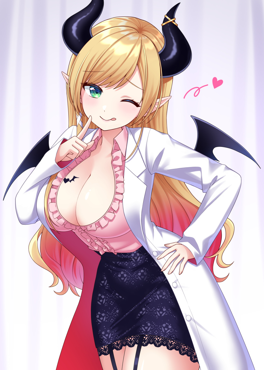 1girl absurdres black_garter_straps black_skirt blonde_hair blue_eyes breasts center_frills cleavage coat demon_girl demon_horns demon_wings finger_to_cheek frills garter_straps hand_on_own_hip heart heart_tattoo highres hololive horns lab_coat looking_at_viewer one_eye_closed pink_shirt pointy_ears shirt skirt smile solo takochan77 tattoo tongue tongue_out virtual_youtuber white_coat winged_heart_tattoo wings yuzuki_choco yuzuki_choco_(1st_costume)