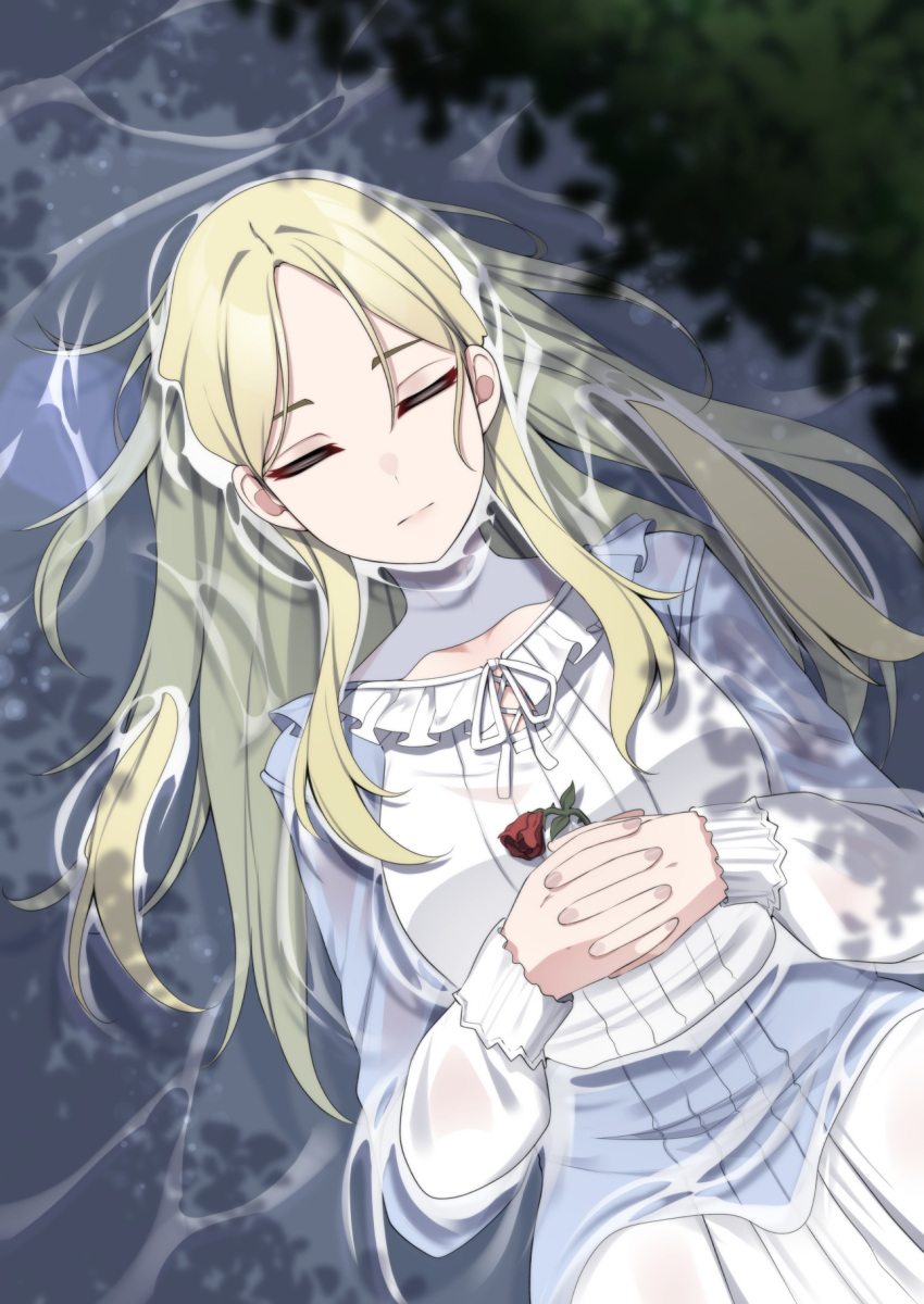 1girl afloat blonde_hair breasts closed_eyes closed_mouth corpse_(vtuber) dress flower frills highres holding holding_flower indie_virtual_youtuber interlocked_fingers long_hair partially_submerged red_flower solo valefal_coneri vgen_commission virtual_youtuber water white_dress