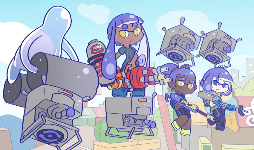 1boy 2girls black_shirt black_shorts blue_eyes blue_hair blunt_bangs crossover dark-skinned_female dark-skinned_male dark_skin day e-liter_4k_(splatoon) highres holding hydra_splatling_(splatoon) inkling_boy inkling_girl inkling_player_character long_hair mrshydrant multiple_girls pikmin_(series) ponytail shirt shoes short_hair shorts sky splat_charger_(splatoon) splatoon_(series) splatoon_3 sweat tentacle_hair twintails waterwraith weapon