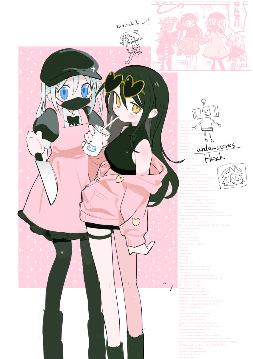 1boy 2girls 4girls agoshi_sakina alternate_costume alternate_hairstyle arm_at_side black_bow black_bowtie black_headwear black_pantyhose black_shirt black_skirt blue_eyes blush bow bowtie breasts cabbie_hat covered_mouth crossover doodle_inset dress drink drinking english_text eyewear_on_head feet_out_of_frame grey_hair hand_up hat heart heart-shaped_eyewear highres holding holding_drink holding_knife jacket katamari_damacy knife kokaki_mumose large_breasts long_hair long_sleeves looking_at_viewer lyrics mask miniskirt mouth_mask multiple_girls null-meta pantyhose partially_colored partially_unbuttoned pinafore_dress pink_background pink_dress pink_jacket ponytail puffy_short_sleeves puffy_sleeves reference_inset reverse_grip running shirt short_sleeves skirt sleeveless sleeveless_dress sleeveless_shirt souen_chiaki sunglasses takada_shiyuki the_prince_(katamari_damacy) thigh_strap uozumi_kurumi white_background yellow_eyes