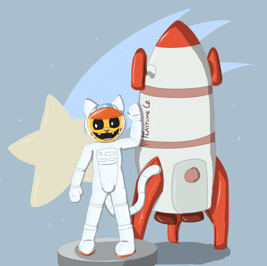 astronaut clothing collectible distraught drst figurine hi_res inanimate_transformation latex latex_clothing meowl_pawstrong_(starfoth) meridlian_(artist) null_bulge panicked_look panicking petrification poppy_playtime rocket_ship rubber_suit smiling_critters solo spacesuit transformation