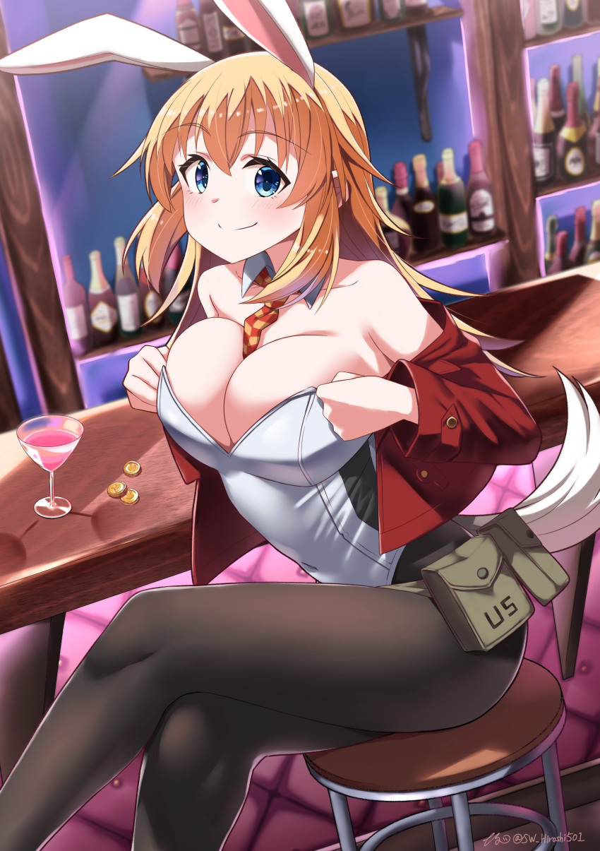 1girl absurdres animal_ears between_breasts black_pantyhose blue_eyes blush breasts charlotte_e._yeager cleavage closed_mouth covered_navel highres hiroshi_(hunter-of-kct) indoors large_breasts leotard long_hair looking_at_viewer necktie necktie_between_breasts orange_hair pantyhose playboy_bunny rabbit_ears rabbit_girl rabbit_tail smile solo strike_witches tail world_witches_series