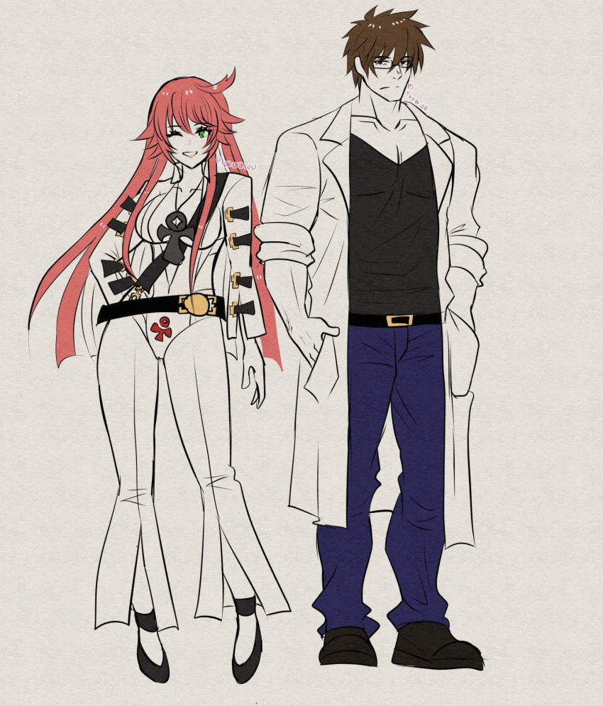 abs belt bodysuit breasts brown_hair copyright_request couple glasses green_eyes guilty_gear guilty_gear_strive highres husband_and_wife jack-o'_valentine jewelry kana-de lab_coat large_pectorals long_hair necklace pectorals red_hair sol_badguy white_hair