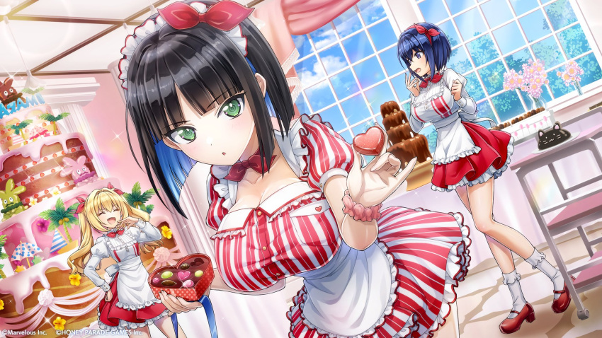 3girls apron artist_request black_hair blonde_hair blue_hair blunt_bangs box box_of_chocolates breasts cake candy chocolate chocolate_fountain closed_eyes curtains dolphin_wave eines_(dolphin_wave) fang flower food frilled_hairband frilled_skirt frills green_eyes hair_ribbon hairband heart heart-shaped_chocolate high_heels highres holding holding_chocolate holding_food kazami_ellen large_breasts long_sleeves looking_at_another looking_at_viewer multicolored_hair multiple_girls official_art ootomo_takuji open_mouth puffy_long_sleeves puffy_short_sleeves puffy_sleeves ribbon short_hair short_sleeves skirt small_breasts socks symbol-shaped_pupils tojou_michiru twintails two-tone_hair vase white_apron white_socks window