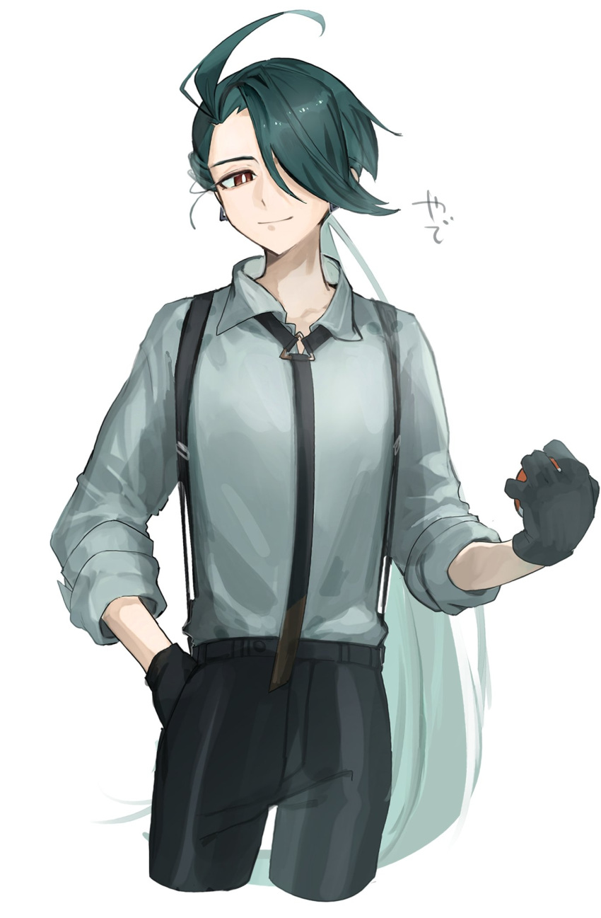 1girl ahoge androgynous black_gloves black_necktie black_pants closed_mouth collarbone collared_shirt cropped_legs earrings gloves green_hair grey_shirt hair_over_one_eye highres holding holding_poke_ball jewelry long_hair long_sleeves looking_at_viewer necktie pants poke_ball poke_ball_(basic) pokemon pokemon_sv reverse_trap rika_(pokemon) shirt simple_background solo suspenders tokoni_fusu translation_request very_long_hair white_background