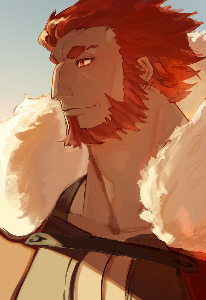 1boy aquiline_nose bara beard cape closed_mouth collarbone facial_hair fate/zero fate_(series) fur-trimmed_cape fur_trim highres iskandar_(fate) looking_ahead male_focus muscular muscular_male pectoral_cleavage pectorals portrait red_eyes red_hair solo thick_eyebrows thick_neck tokoni_fusu