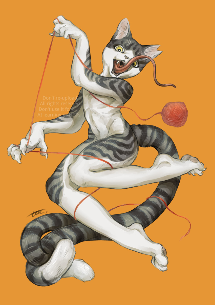 1girl 82_rephap absurdres animal_ears arm_up artist_name bakeneko body_fur cat_ears cat_girl cat_tail claws completely_nude fangs floating full_body furry furry_female grey_fur hand_up highres holding long_tail long_tongue looking_at_viewer multiple_tails notched_ear nude open_mouth orange_background original signature simple_background solo tail tongue tongue_out two_tails watermark white_fur yarn yarn_ball yellow_eyes