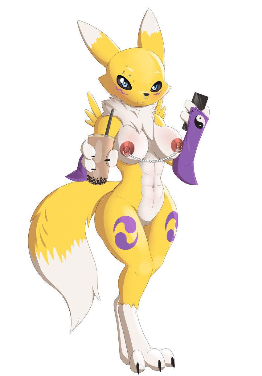2024 abs anthro areola armwear athletic athletic_female bandai_namco beverage biped black_nose black_sclera blue_eyes blue_markings breasts bridal_gauntlets bubble_tea cellphone claws clothing countershade_torso countershading digimon digimon_(species) digitigrade dipstick_ears dipstick_tail electronics eye_markings eyebrow_piercing facial_piercing female front_view genitals gloves gloves_(marking) gloves_only handwear handwear_only hi_res holding_beverage holding_cellphone holding_object holding_phone leg_markings looking_at_viewer markings mostly_nude multicolored_body multicolored_ears navanastra navel navel_piercing neck_tuft nipple_chain nipple_piercing nipple_ring nipples phone piercing pussy renamon ring_piercing shoulder_tuft simple_background socks_(marking) solo standing tail tail_markings thigh_markings toe_claws tomoe_(symbol) tuft two_tone_body white_background white_body white_markings yellow_body yin_yang