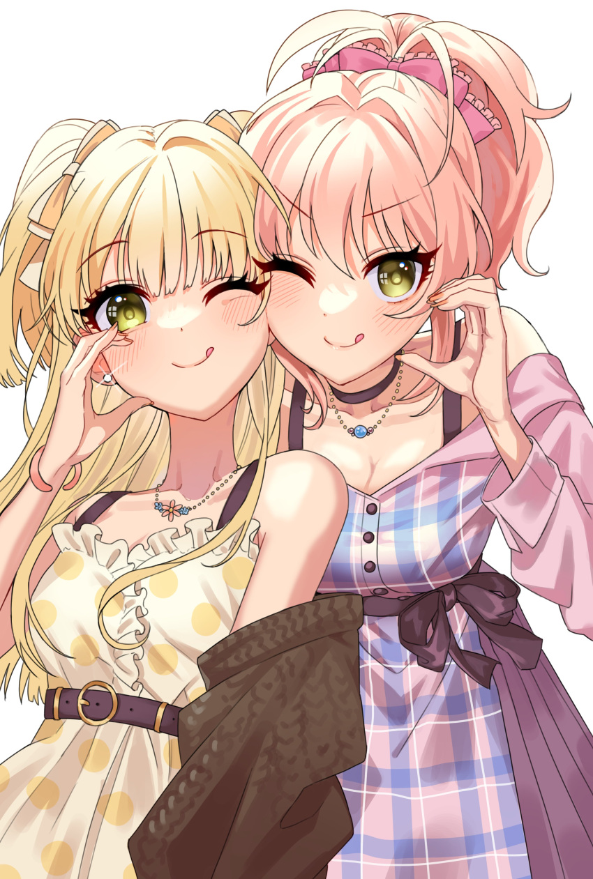 2girls absurdres bare_shoulders belt belt_buckle blonde_hair blush bow bracelet breasts buckle cleavage closed_mouth collarbone commentary cowboy_shot dot_nose dress earrings eyelashes fingernails frilled_bow frilled_dress frills hair_between_eyes hair_bow hand_up heart heart_hands heart_hands_duo height_difference high_ponytail highres idolmaster idolmaster_cinderella_girls jewelry jougasaki_mika jougasaki_rika leaning leaning_forward long_fingernails long_hair long_sleeves looking_at_viewer medium_bangs medium_breasts multicolored_clothes multicolored_dress multiple_girls necklace off-shoulder_dress off_shoulder pink_bow pink_hair pink_nails polka_dot polka_dot_dress ponytail ropon_(ropon) siblings sidelocks simple_background sisters sleeve_cuffs sleeveless sleeveless_dress small_breasts smile sparkle straight-on straight_hair striped_clothes striped_dress stud_earrings swept_bangs symbol-only_commentary tongue tongue_out two_side_up white_background yellow_eyes