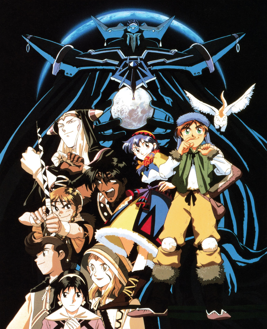 1990s_(style) 3girls 4boys alex_noah aqua_eyes arrow_(projectile) bandana bird black_hair blonde_hair blue_hair boots bow bow_(weapon) braid brown_hair dark-skinned_female dark_skin drawing_bow dress facial_mark fur_trim ghaleon hat headband highres holding holding_arrow holding_bow_(weapon) holding_weapon hood hood_up jessica_de_alkirk knee_pads kyle_(lunar) luna_noah lunar lunar:_the_silver_star magic_emperor markings mia_ausa multiple_boys multiple_girls nall_(lunar) nash_rumack non-web_source official_art open_mouth pointy_ears ponytail retro_artstyle smile tempest weapon white_hair