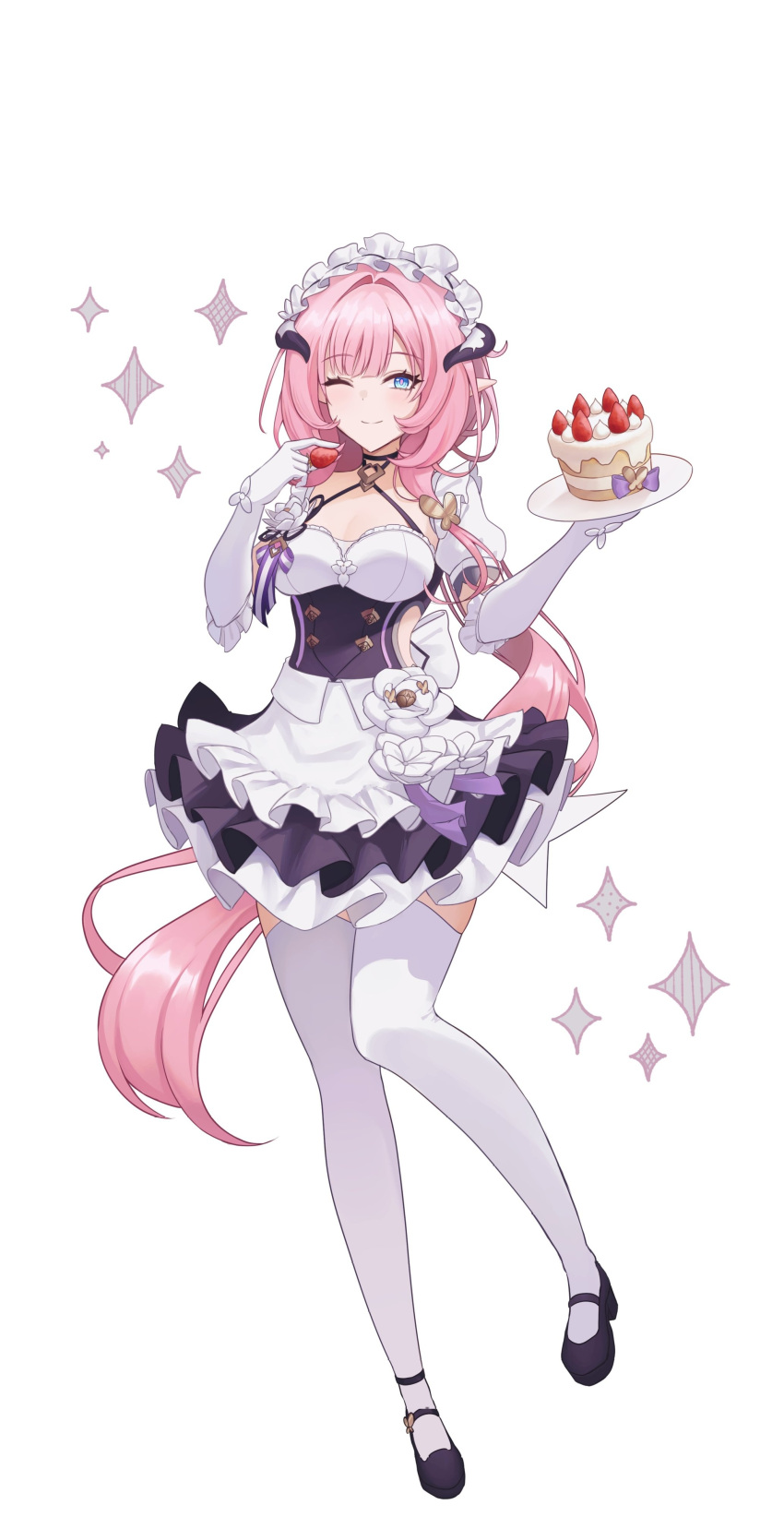 1girl ;) absurdres bare_shoulders black_dress black_footwear black_hairband blue_eyes breasts cake closed_mouth commentary_request dress elbow_gloves elysia_(honkai_impact) elysia_(miss_pink_elf)_(honkai_impact) food frilled_gloves frilled_hairband frills fruit full_body gloves hairband highres holding holding_food holding_plate honkai_(series) honkai_impact_3rd horns long_hair looking_at_viewer medium_breasts one_eye_closed pink_hair plate pleated_dress puffy_short_sleeves puffy_sleeves shoes short_sleeves simple_background sinonomemikann smile solo sparkle strawberry thighhighs very_long_hair white_background white_gloves white_thighhighs