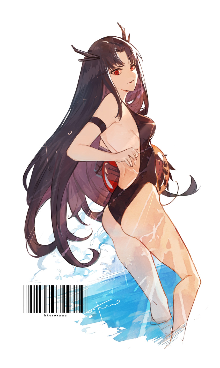 1girl alternate_costume arm_strap ass backless_swimsuit ball barcode beachball black_hair black_one-piece_swimsuit breasts executioner_(girls'_frontline) girls'_frontline headgear hei_chuan_gui highres holding holding_ball holding_beachball long_hair looking_at_viewer medium_breasts one-piece_swimsuit parted_lips partially_submerged red_eyes sangvis_ferri simple_background solo swimsuit