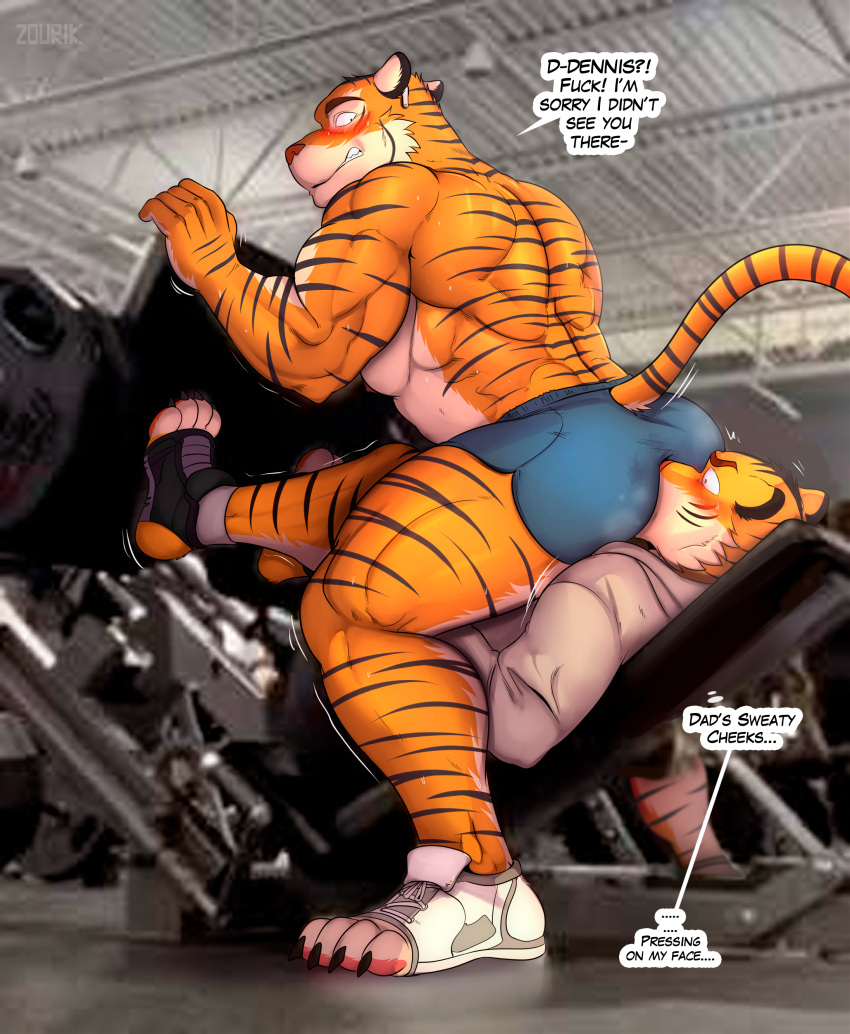 absurd_res anthro back_muscles barazoku big_butt blush bodily_fluids bottomwear butt clothing dennis_(zourik) dennis_dad_(zourik) dialogue duo embarrassed english_text exercise exercise_clothing father_(lore) father_and_child_(lore) father_and_son_(lore) felid feline footwear gym hi_res incest_(lore) male male/male mammal manly meme muscular muscular_anthro muscular_arms muscular_legs muscular_male muscular_thighs pantherine parent_(lore) parent_and_child_(lore) parent_and_son_(lore) shirtless shirtless_anthro shirtless_male shoes shorts son_(lore) sweat sweaty_butt technical_incest text tiger zourik