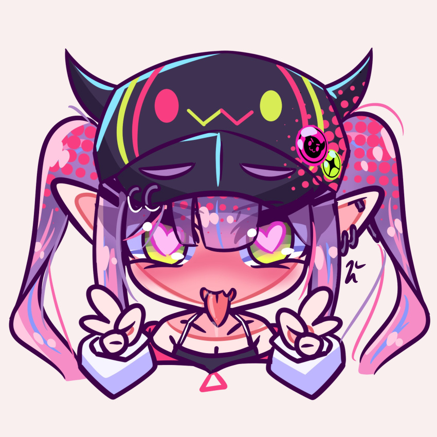 1girl absurdres baseball_cap black_headwear black_tank_top breasts chibi cleavage collarbone commentary cropped_torso demon_girl double_v ear_piercing fake_horns fang green_eyes hat heart heart-shaped_pupils highres hololive horned_headwear horns industrial_piercing long_hair looking_at_viewer piercing pink_hair pointy_ears purple_hair sidelocks skin_fang solo spike_piercing symbol-shaped_pupils tank_top tokoyami_towa tokoyami_towa_(1st_costume) tongue tongue_out touya_sketch twintails v virtual_youtuber white_background