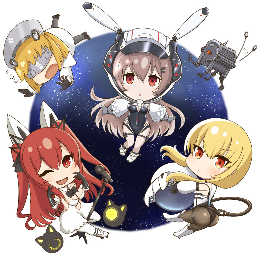 1boy 3girls absurdres alibina_(marfusha) alternate_costume ash_arms ass blonde_hair breasts brown_hair chibi double_v hair_between_eyes hair_ornament hat helmet highres hirokihorikosi laica_(marfusha) long_hair marfusha marfusha_(marfusha) medium_breasts microphone multiple_girls non-humanoid_robot open_mouth red_eyes red_hair ribbon robot shoes space_helmet spacesuit v