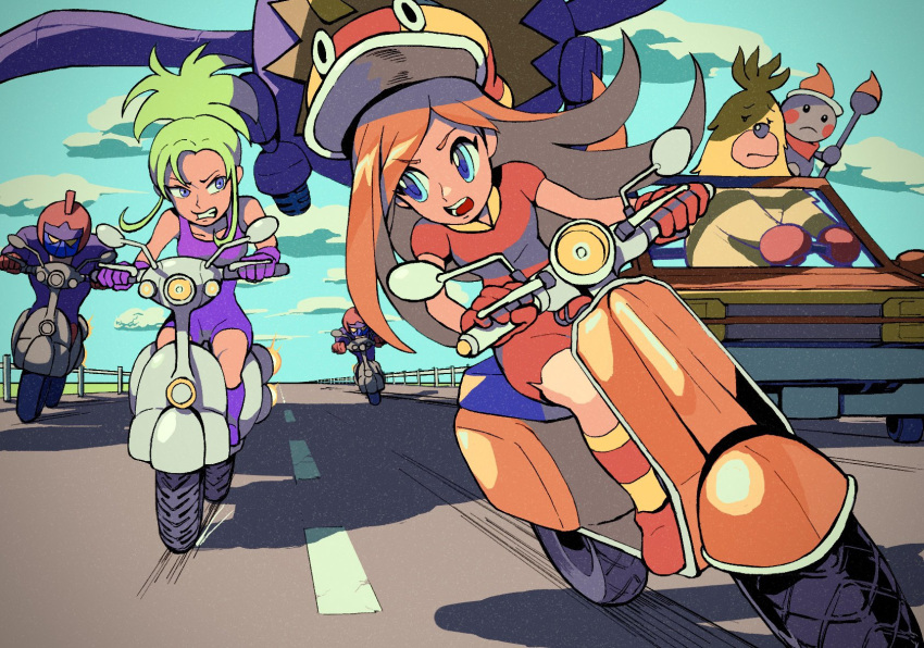 2girls blue_eyes blue_sky car cloud cloudy_sky dress gloves green_hair helmet highres highway long_hair mona_(warioware) motor_vehicle motorcycle motorcycle_helmet multiple_girls orange_hair ponytail purple_eyes purple_footwear purple_gloves red_dress red_footwear red_gloves red_headwear rinabee_(rinabele0120) scooter sky vanessa_(warioware) warioware warioware:_touched!