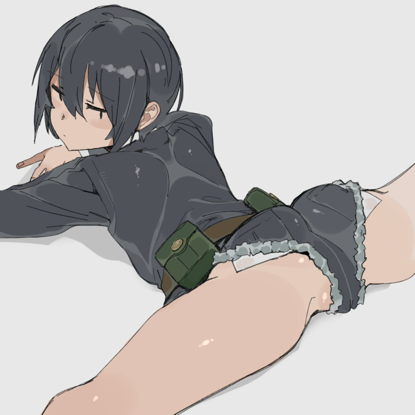 1girl androgynous ass bad_id bad_twitter_id belt belt_pouch black_hair black_jacket black_shorts brown_belt cutoffs dot_mouth ettone exposed_pocket expressionless feet_out_of_frame from_behind hair_between_eyes head_lift highres jacket jitome kino_(kino_no_tabi) kino_no_tabi long_sleeves looking_at_viewer looking_back lying on_stomach partially_visible_vulva pouch shadow shiny_skin short_hair short_shorts shorts simple_background solo split spread_legs thighs tomboy white_background wide_spread_legs