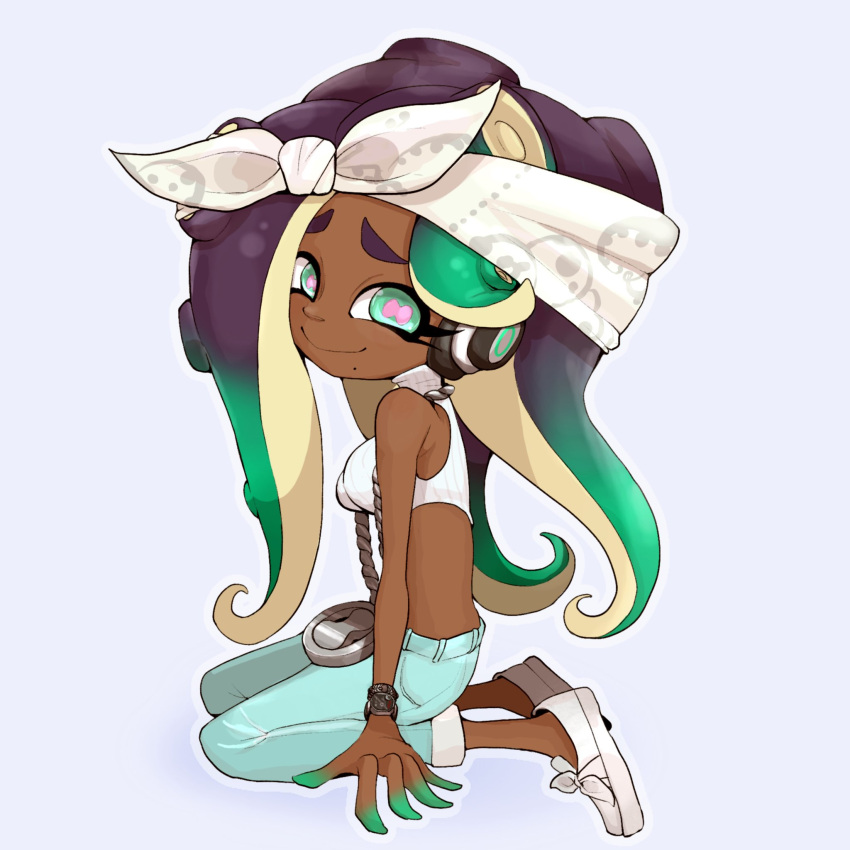 1girl aqua_eyes aqua_hair aqua_pants bare_shoulders black_hair bow bow_hairband breasts cephalopod_eyes closed_mouth commentary_request dark-skinned_female dark_skin full_body furrowed_brow gradient_hair hair_bow hairband headphones highres hitsuji_(pixiv2228990) jewelry long_hair looking_at_viewer marina_(splatoon) mole mole_under_mouth multicolored_hair necklace pants pink_pupils simple_background sitting smile solo splatoon_(series) tentacle_hair thick_eyebrows two-tone_hair white_background white_bow white_footwear white_hairband