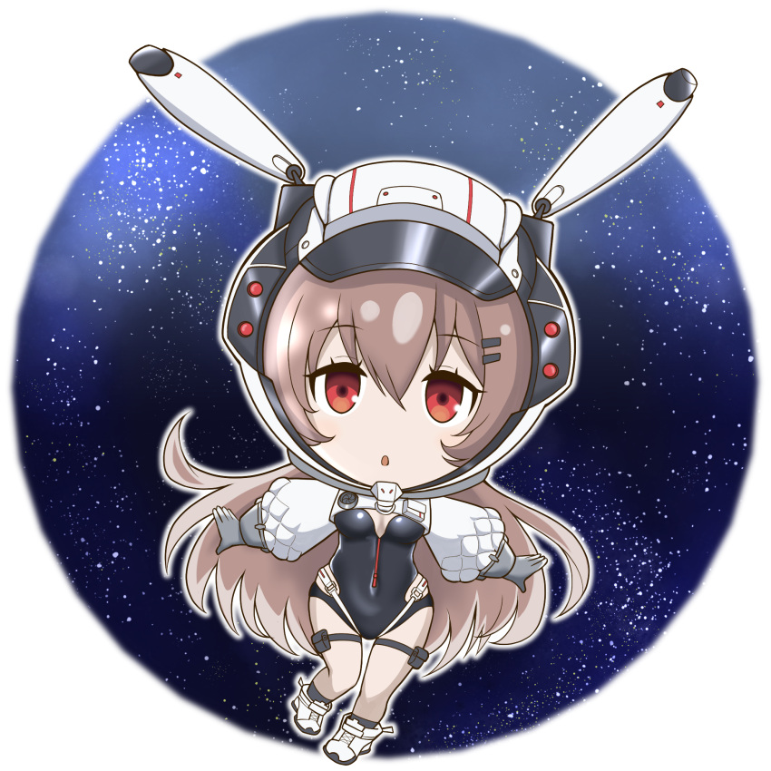 1girl ash_arms breasts brown_hair chibi full_body gloves hair_between_eyes hair_ornament hairclip helmet highres hirokihorikosi looking_at_viewer marfusha marfusha_(marfusha) medium_breasts open_mouth red_eyes shoes sky solo space space_helmet spacesuit star_(sky) starry_sky