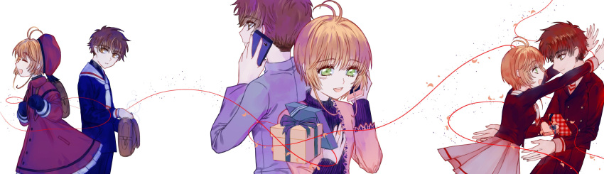 1boy 1girl absurdres antenna_hair bag box brown_eyes brown_hair cardcaptor_sakura couple dress eye_contact gift gift_box green_eyes hetero highres holding holding_phone kinomoto_sakura li_syaoran looking_at_another phone qige school_bag school_uniform string string_of_fate