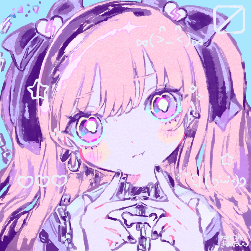 1girl black_collar black_nails black_ribbon blue_background blush bone bright_pupils chain closed_mouth collar dated hair_ribbon hands_up heart highres kiato long_hair looking_at_viewer nail_polish original pink_hair portrait pout ribbon signature solo two_side_up upper_body white_pupils