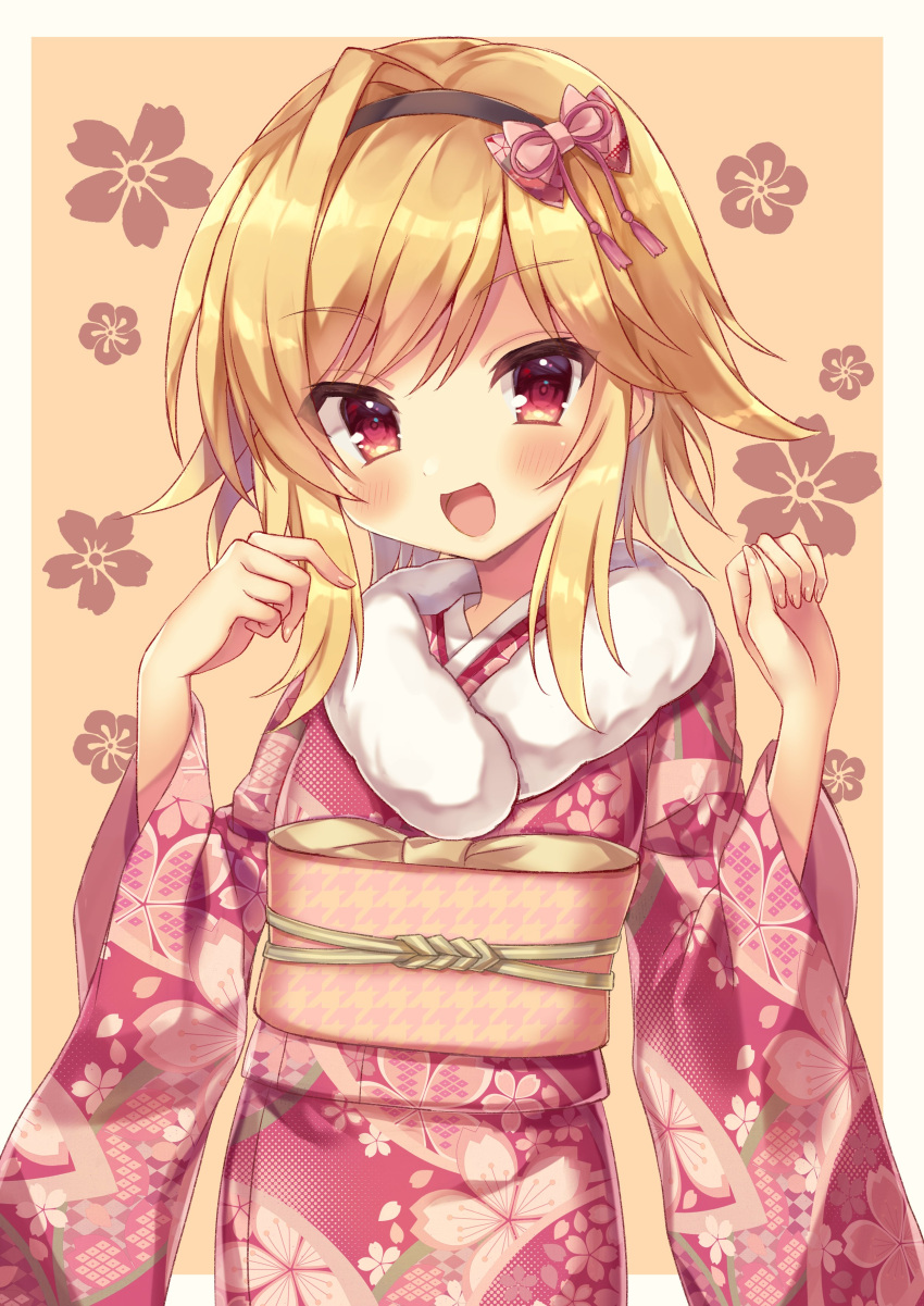 1girl :d absurdres achico_999 alternate_costume black_hairband blonde_hair blush border bow commentary_request commission cowboy_shot floral_background floral_print fur-trimmed_kimono fur_trim hair_bow hairband hands_up happy highres japanese_clothes kimono kin-iro_loveriche light_brown_background long_sleeves looking_at_viewer medium_hair open_mouth pink_bow print_kimono red_eyes red_kimono simple_background single_hair_intake skima_commission smile solo souma_ria swept_bangs white_border wide_sleeves