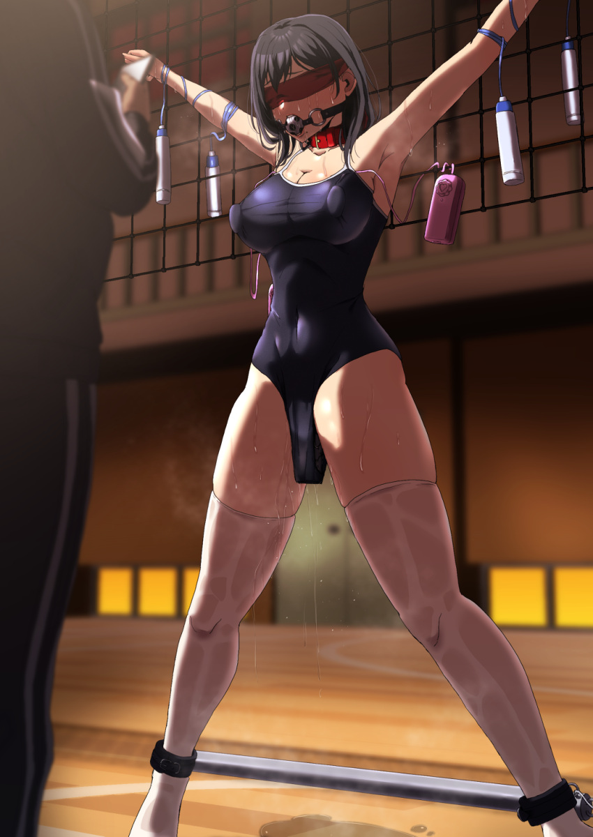 1boy 1girl ball_gag bdsm black_hair black_one-piece_swimsuit blindfold blurry blurry_background bondage bound breasts cleavage commentary_request commission competition_school_swimsuit covered_navel gag gym haikyuu!! highres holding holding_phone indoors jump_rope large_breasts medium_hair mole mole_under_mouth nipple_stimulation one-piece_swimsuit phone pussy_juice pussy_juice_puddle red_blindfold restrained school_swimsuit sex_toy shimizu_kiyoko skeb_commission solo_focus spreader_bar standing swimsuit thighhighs track_suit vibrator vibrator_on_nipple vibrator_under_clothes vibrator_under_swimsuit white_thighhighs zetsu_red