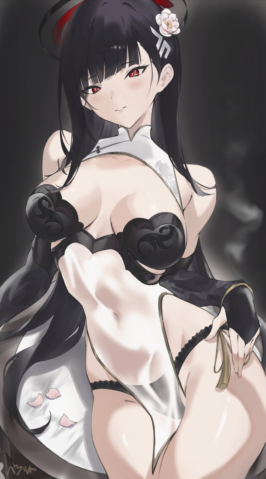 1girl bare_shoulders black_hair blue_archive blush breasts china_dress chinese_clothes cleavage commentary_request dress hair_ornament hairclip halo highres large_breasts long_hair looking_at_viewer parfaitlate red_eyes rio_(blue_archive) solo