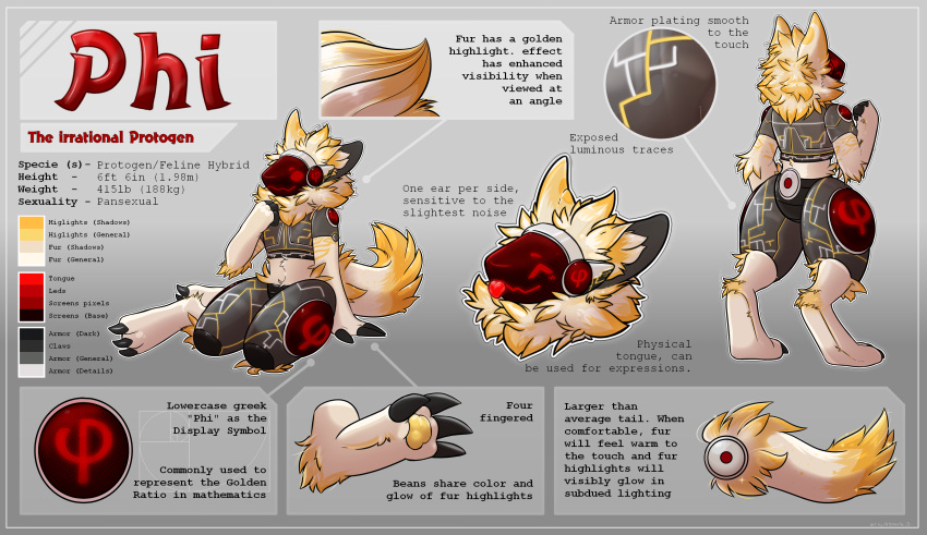 2_ears 3_toes 4_fingers absurd_res anthro armor_plates black_claws blep claws close-up color_swatch describing_self description eyes_closed feet fingers fist_clenched fur glowing hand_on_chin hi_res machine male model_sheet multicolored_body multicolored_fur pawpads phi_the_protogen protogen red_eyes red_lights red_tongue red_visor sitting smile solaria_5 solo sparkles standing stripes symbol tail text toes tongue tongue_out two_tone_body two_tone_fur two_tone_tail white_body white_fur yellow_body yellow_fur
