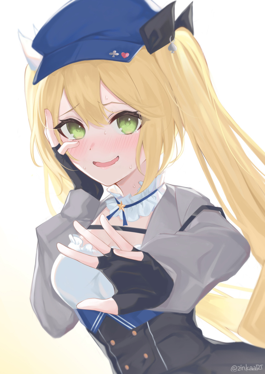1girl absurdres beret black_gloves black_skirt blonde_hair blue_headwear blush collar cropped_jacket detached_collar dokibird_(vtuber) fingerless_gloves frilled_collar frills gloves green_eyes grey_jacket hand_on_own_face hat highres indie_virtual_youtuber jacket long_hair looking_at_viewer open_mouth shirt skirt smile solo twintails white_background white_collar white_shirt zinkaa