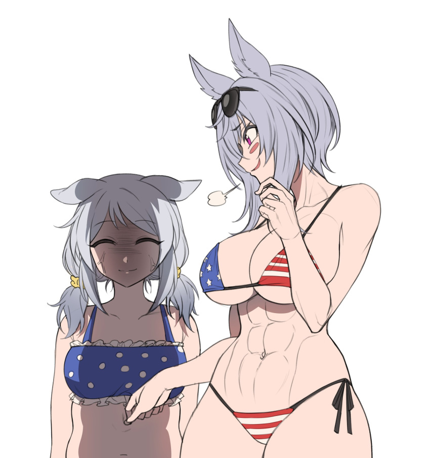 2girls abs american_flag_bikini animal_ears bare_shoulders bikini blush_stickers closed_eyes collarbone commentary ears_back eyewear_on_head false_smile flag_print frilled_bikini frills fukuro_(maruaru00) genderswap genderswap_(mtf) grey_hair highres hishi_miracle_(umamusume) horse_ears horse_girl kurofune_(racehorse) looking_down low_twintails medium_hair midriff multiple_girls navel original personification plump poking_belly purple_eyes shaded_face short_hair short_twintails side-tie_bikini_bottom smile smirk sunglasses swimsuit toned troll_face twintails umamusume veins visible_air weight_conscious