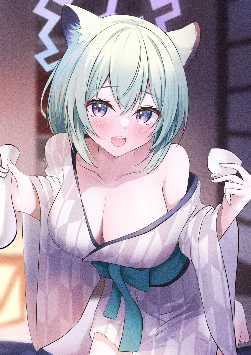 1girl absurdres animal_ears bare_shoulders blue_archive blurry blurry_background blush bow breasts choko_(cup) cleavage collarbone come_hither commentary_request cup eyes_visible_through_hair film_grain green_bow green_hair green_sash grey_kimono hair_between_eyes halo hands_up highres holding indoors japanese_clothes kimono kneeling large_breasts leaning_forward long_sleeves looking_at_viewer obi official_alternate_costume onabe_no_shime open_mouth print_kimono purple_eyes purple_halo sash shigure_(blue_archive) shigure_(hot_spring)_(blue_archive) short_hair solo teeth tokkuri upper_teeth_only waist_bow weasel_ears weasel_girl wide_sleeves yagasuri