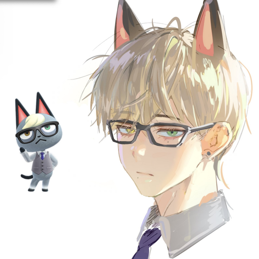 1boy animal_crossing animal_ears black-framed_eyewear blonde_hair blue_necktie cat_boy cat_ears closed_mouth collared_shirt earrings glasses green_eyes hair_between_eyes heterochromia highres humanization jewelry looking_at_viewer male_focus mole mole_under_eye mole_under_mouth necktie portrait raymond_(animal_crossing) shirt short_hair stud_earrings sycisycii white_background yellow_eyes