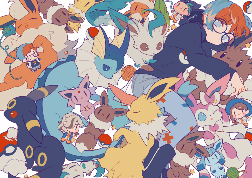 1girl 6+others arven_(pokemon) auko black_hair black_hoodie blue_hair blue_headwear blue_vest brown_eyes brown_hair character_doll closed_eyes collared_shirt comiket_102 commentary_request cover cover_page doujin_cover eevee espeon flareon glaceon glasses green_hair grey_eyes hair_over_one_eye hood hoodie jolteon juliana_(pokemon) leafeon light_brown_hair lying multicolored_hair multiple_others necktie nemona_(pokemon) on_side orange_necktie orange_pants outstretched_arms pants penny_(pokemon) poke_ball poke_ball_print pokemon pokemon_(creature) pokemon_sv red_eyes red_hair round_eyewear shirt spread_arms star_(symbol) streaked_hair stuffing sylveon two-tone_hair umbreon vaporeon vest white_shirt yarn yarn_ball |_|