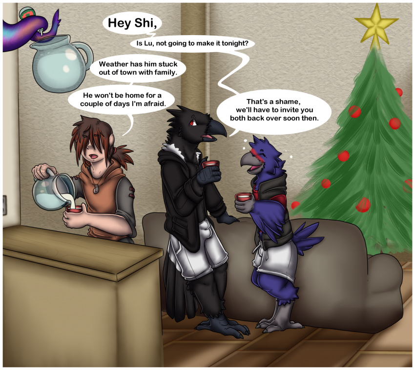 anthro avian beverage bird blush christmas christmas_tree clothed clothing colored container corvid corvus_(genus) cup dialogue eggnog english_text hi_res holidays human male mammal oscine passerine plant raven speech_bubble surrii text tree