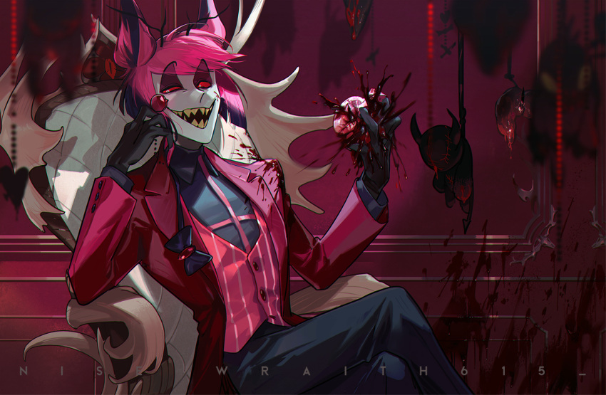 alastor_(hazbin_hotel) antlers arm_support black_bow black_bowtie black_eyeshadow black_shirt blood blood_on_clothes blood_on_hands blood_on_wall blood_splatter bow bowtie collared_shirt colored_sclera crossed_legs deer_antlers deer_boy demon demon_boy demon_horns eyeshadow guro hanging hazbin_hotel horns looking_at_viewer makeup monocle noose on_chair open_mouth pale_skin red_eyes red_hair red_nails red_sclera red_suit red_vest sharp_teeth shirt sitting striped_clothes striped_vest suit teeth vertical-striped_clothes vertical-striped_vest vest wraith615 yellow_teeth