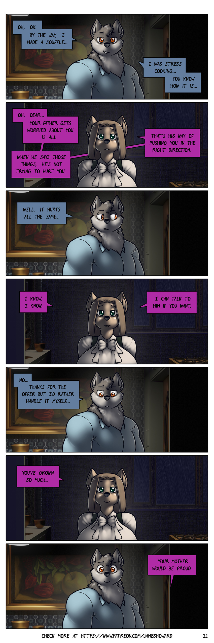 3d_background absurd_res amanda_(james_howard) anthro canid canine canis comic dialogue domestic_dog duo female hi_res james_howard kitchen male mammal patreon richard_(james_howard) wolf