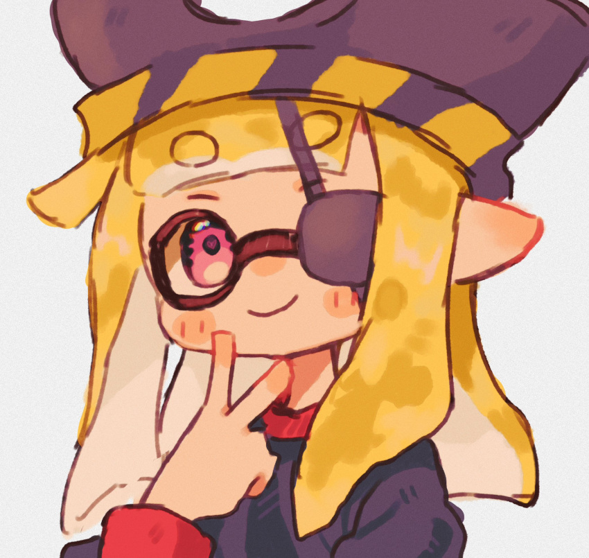 1girl blonde_hair closed_mouth commentary_request commission eyepatch hat highres inkling_girl inkling_player_character long_hair ochocho2828 pink_eyes pirate_hat pointy_ears simple_background smile solo splatoon_(series) tentacle_hair upper_body v white_background