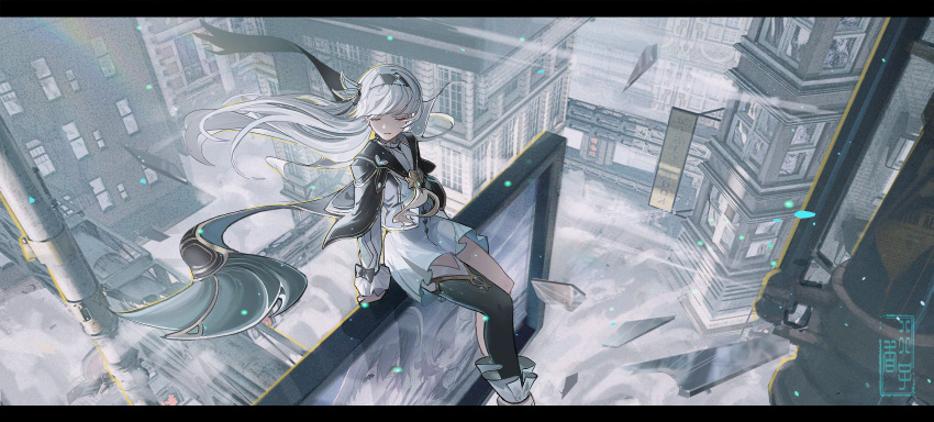 1girl arms_at_sides billboard black_cape black_hairband black_jacket black_thighhighs blue_skirt boots building cape cityscape closed_eyes closed_mouth cloud cropped_jacket dangling day facing_to_the_side firefly_(honkai:_star_rail) floating_cape floating_hair from_above hair_intakes hairband highres honkai:_star_rail honkai_(series) industrial_pipe jacket legs_together letterboxed long_bangs long_sleeves miniskirt neckerchief outdoors pleated_skirt qian_zao_tihaya scenery shirt sidelocks sign single_thighhigh sitting skirt smile solo thighhighs watermark white_footwear white_hair white_neckerchief white_shirt