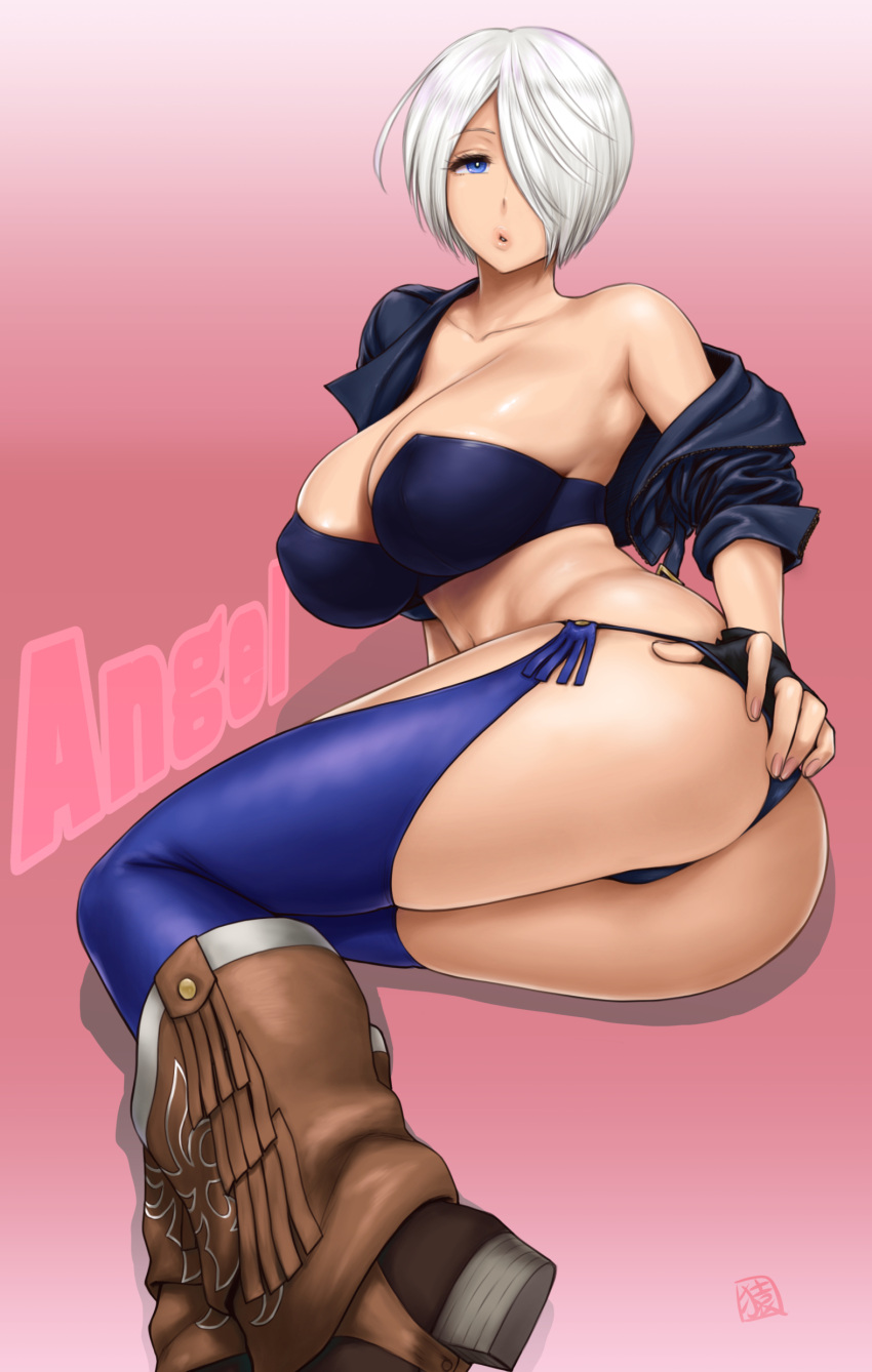 1girl absurdres angel_(kof) backless_pants blue_eyes boots bra breasts chaps cleavage cowboy_boots crop_top cropped_jacket fingerless_gloves gloves hair_over_one_eye highres jacket large_breasts leather leather_jacket looking_at_viewer midriff navel panties pants short_hair snk solo st.germain-sal strapless strapless_bra the_king_of_fighters the_king_of_fighters_xiv toned underwear white_hair