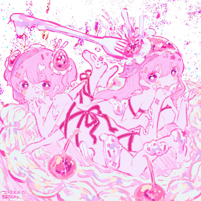 2girls barefoot breasts cherry cream dated food food-themed_hair_ornament food_on_body fork french_commentary fruit full_body hair_ornament hand_on_another's_leg highres kiato legs_up licking licking_foot long_hair looking_at_viewer lying medium_breasts multiple_girls naked_ribbon nude on_stomach original oversized_object pink_eyes pink_hair pink_ribbon pink_theme ribbon signature smile stab strawberry_hair_ornament two_side_up yuri