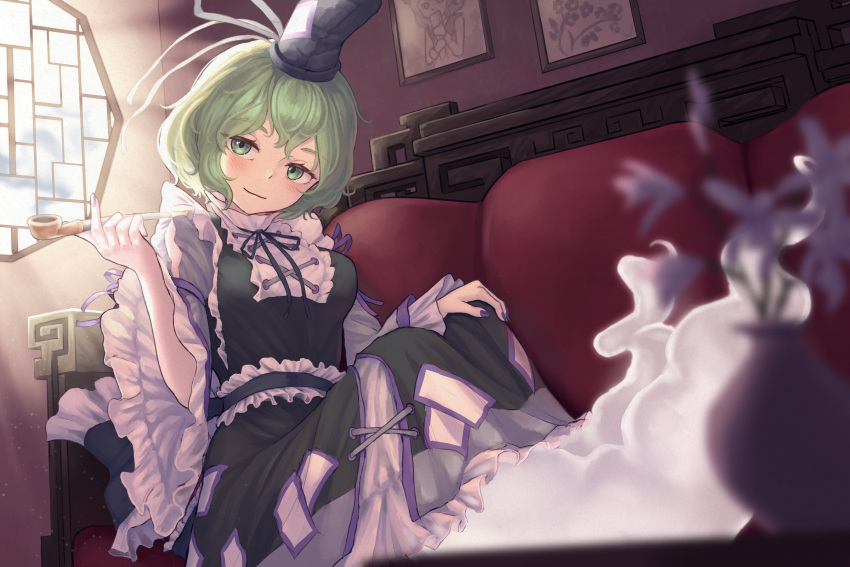 1girl blush couch cross-laced_clothes curly_hair dress frilled_dress frilled_sleeves frills ghost_tail green_dress green_hair hat highres holding holding_smoking_pipe knees_up lattice long_sleeves looking_at_viewer medium_hair neck_ribbon ofuda ofuda_on_clothes painting_(object) portrait_(object) purple_nails purple_ribbon pygrenix ribbon sitting smile smoking_pipe soga_no_tojiko solo tate_eboshi touhou toyosatomimi_no_miko window