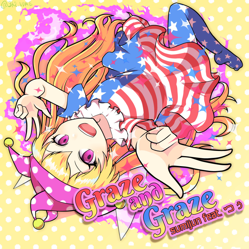 1girl 3k2_vdme :d absurdres american_flag_dress american_flag_legwear blonde_hair clownpiece commentary_request double_v dress english_text fairy_wings fire full_body hat highres jester_cap light_blush long_hair looking_at_viewer multicolored_clothes multicolored_dress neck_ruff no_shoes open_mouth outstretched_arms pantyhose polka_dot polka_dot_background polka_dot_headwear purple_eyes purple_fire purple_headwear short_sleeves simple_background smile solo sparkle star_(symbol) star_print striped_clothes striped_dress striped_pantyhose touhou twitter_username upside-down v very_long_hair wings yellow_background