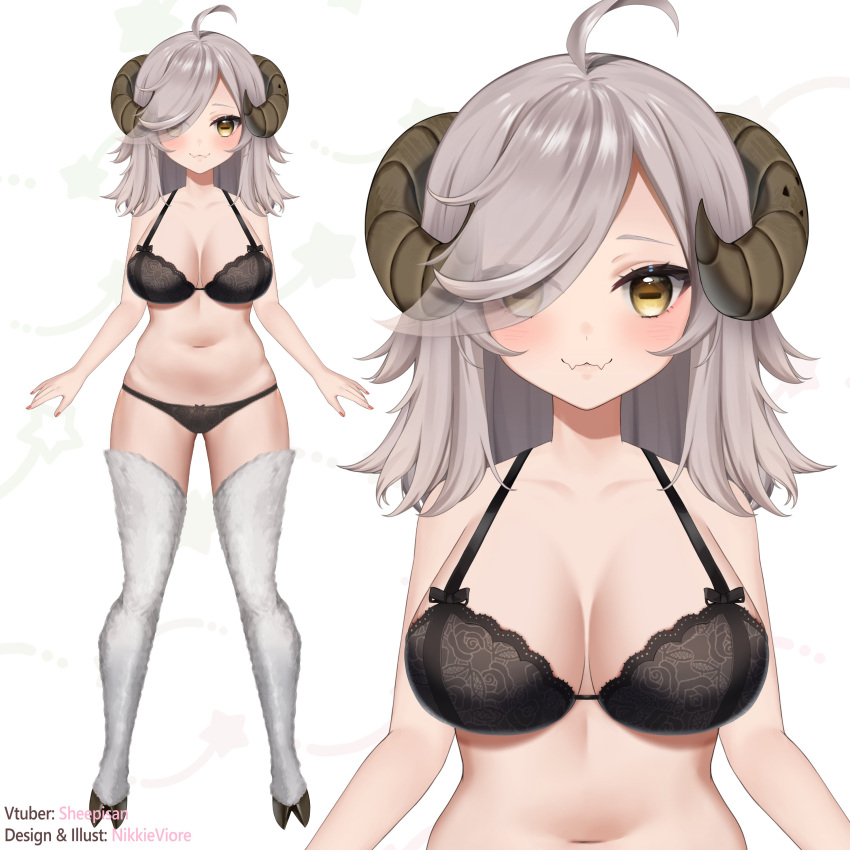 1girl absurdres ahoge animal_legs artist_name black_bra black_panties bra breasts character_name closed_mouth collarbone eyes_visible_through_hair fangs full_body grey_hair hair_over_one_eye highres hooves horizontal_pupils horns indie_virtual_youtuber lyla_sheepi medium_hair navel nikkie_viore panties second-party_source sheep_girl sheep_horns skin_fangs solo underwear virtual_youtuber wool yellow_eyes