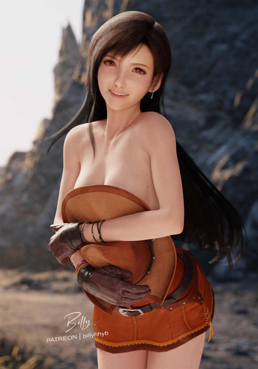 1girl 3d bare_shoulders billyhhyb black_hair blurry blurry_background breasts brown_eyes brown_gloves brown_skirt covering_breasts covering_privates cowboy_hat earrings final_fantasy final_fantasy_vii final_fantasy_vii_rebirth final_fantasy_vii_remake gloves hat highres jewelry looking_at_viewer skirt smile solo tifa_lockhart tifa_lockhart_(cowgirl) topless unworn_hat unworn_headwear