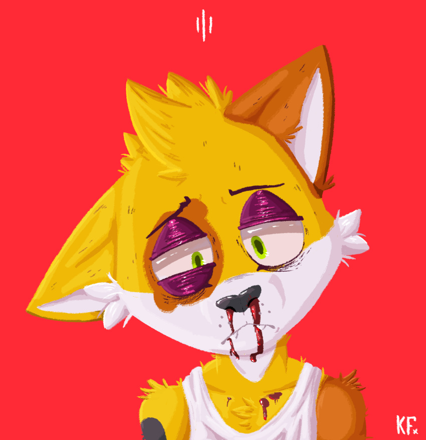 anthro blood bodily_fluids bruised clothing domestic_cat eye_bags felid feline felis hi_res katxfish katxlogan male mammal nosebleed shirt solo tank_top topwear wounded